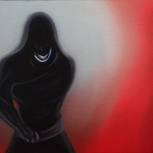 Image similar to Demon ninja warrior, Acrylic on canvas, low-key lighting, low angle, somber, sinister, doom, haunting