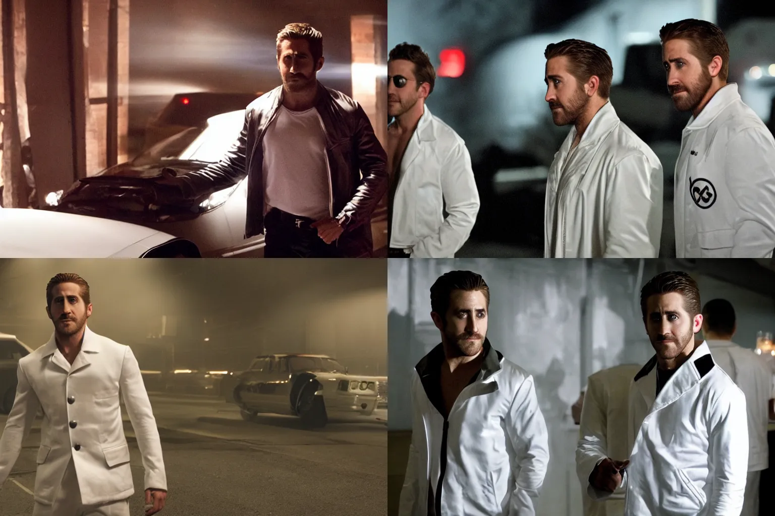 Prompt: Jake Gyllenhaal wearing Ryan Gosling's infamous white satin Scorpion jacket from Drive, film still, dramatic lighting,