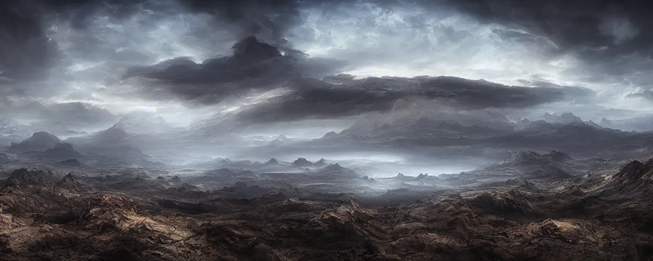 Prompt: otherworldly landscape by wayne barlow, [ cinematic, epic, opening shot, establishing, mattepainting, 4 k ]
