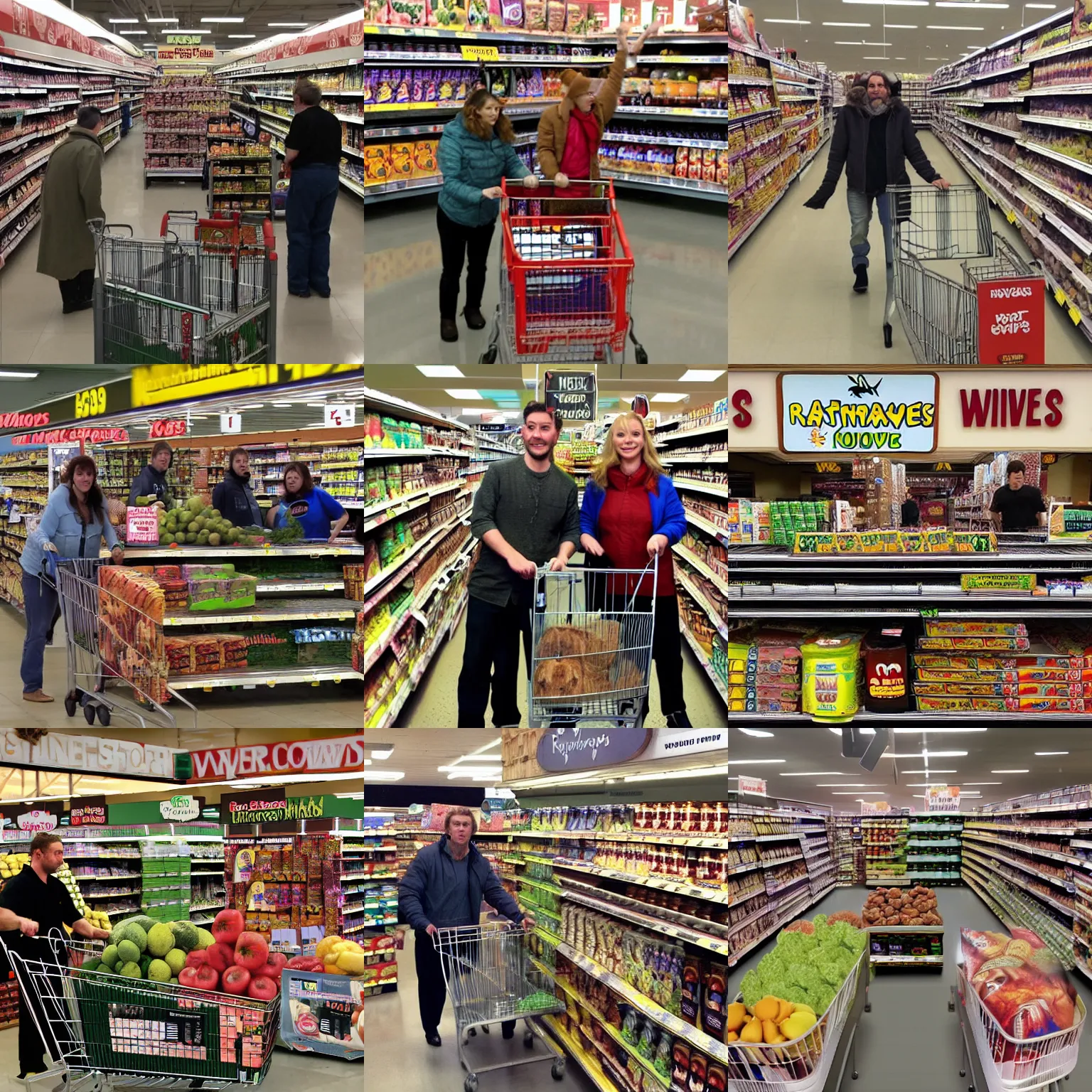 Prompt: Supermarket Sweep but the producers have finally decided to release ravenous feral wolves into the store too.