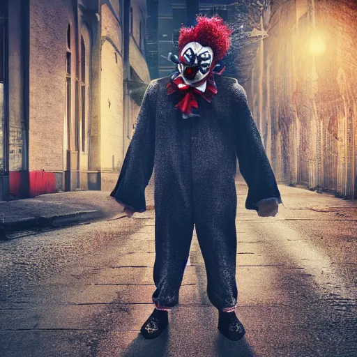 Image similar to scary clown stands in the street in winter, high quality, digital art, 8K, HD, photorealistic, realistic,