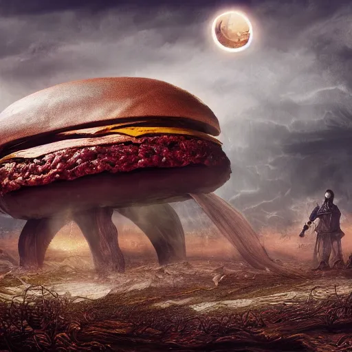 Image similar to a giant hamburger in an eldritch apocalyptic landscape covered in monstrosities by bekinski, fantasy art, 4k, HDR, photorealistic, 8k, trending on artstation