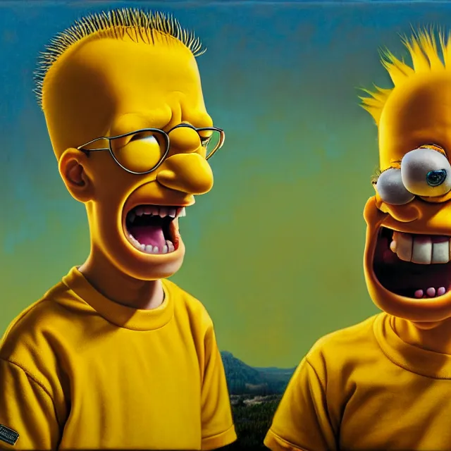 Prompt: portrait of photorealistic bart simpson and milhouse van houten grinning by brad kunkle