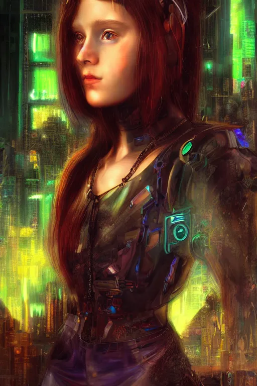 Prompt: beautiful digital oil cyberpunk style of a young girl by Arthur Hughes