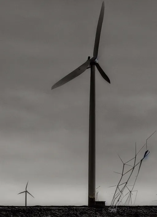 Prompt: cinematic artwork close up of a broken and rusted wind turbine standing alone in a dried up ocean, digital art