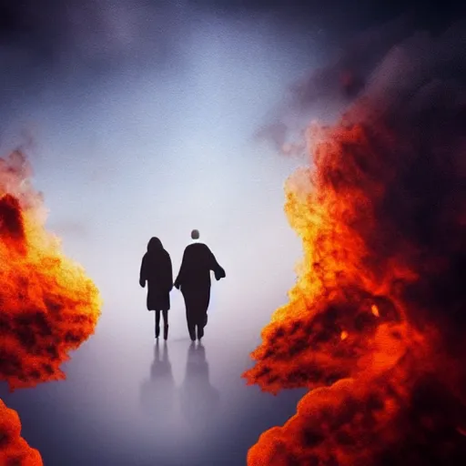 Prompt: photo of a couple walking hand in hand, in heaven and hell at the same time, realistic art, hell in the bottom, heaven in the top, very detailed