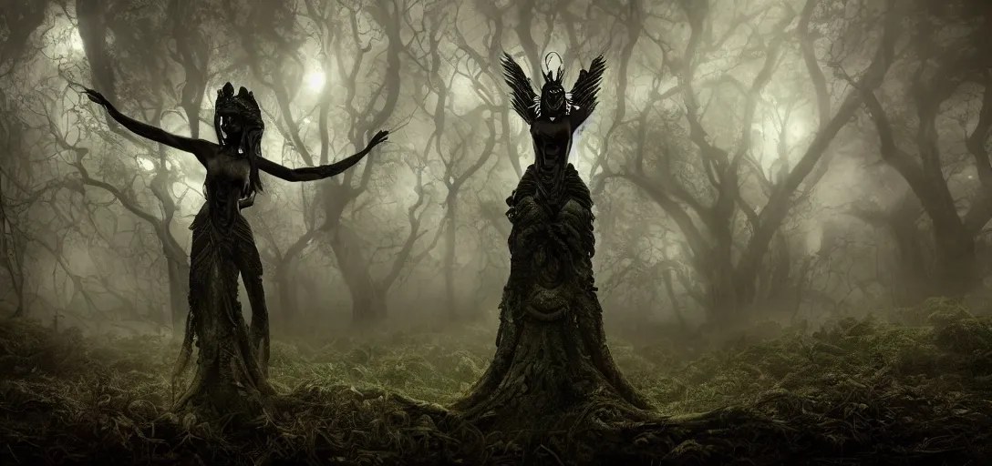 Image similar to a realistic photograph of a 6 armed serpent goddess + dark fantasy + nightime + ancient forest + dramatic lighting + fog