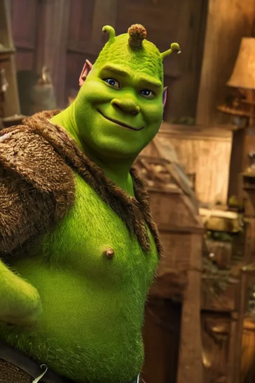 Prompt: Chris Pratt as Shrek in live action adaptation, green skin, set photograph in costume, cosplay