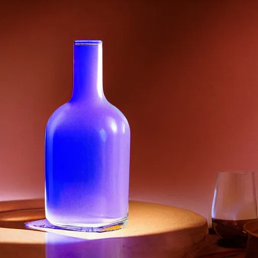 Prompt: a glass flask containing glowing magical opaque purple liquid with a cork top in a completely dark room