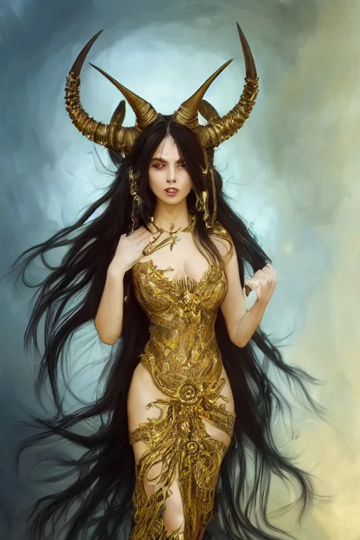 Image similar to fullbody!! of a beautiful woman with long black hair, big natural horns on her head, long flowing intricate dress, gold jewellery, dnd, face, fantasy, intricate, elegant, highly detailed, digital painting, artstation, concept art, smooth, sharp focus, illustration, art by artgerm and greg rutkowski and alphonse mucha