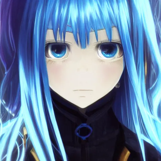 Image similar to profile shot of rimuru tempest, sky blue, straight hair, long bangs, | gold colored eyes | wearing a black jacket with white stripes, very high collar, highly detailed, unreal engine 5, digital painting, cinematic, wlop | artgerm, pixiv, yoshitaka amano, greg rutkowski, ilya kuvshinov, andy warhol