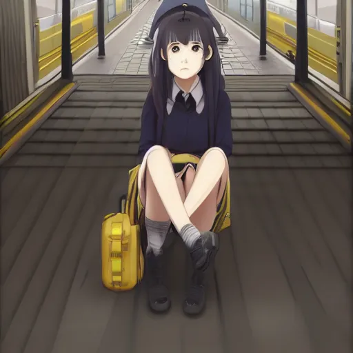 Image similar to portrait of the lone girl waiting for train at the station, anime fantasy illustration by tomoyuki yamasaki, kyoto studio, madhouse, ufotable, trending on artstation