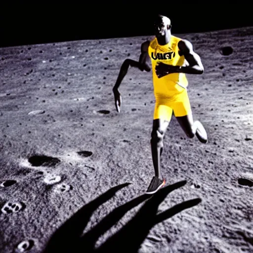 Image similar to usain bolt running on the moon, kodachrome film