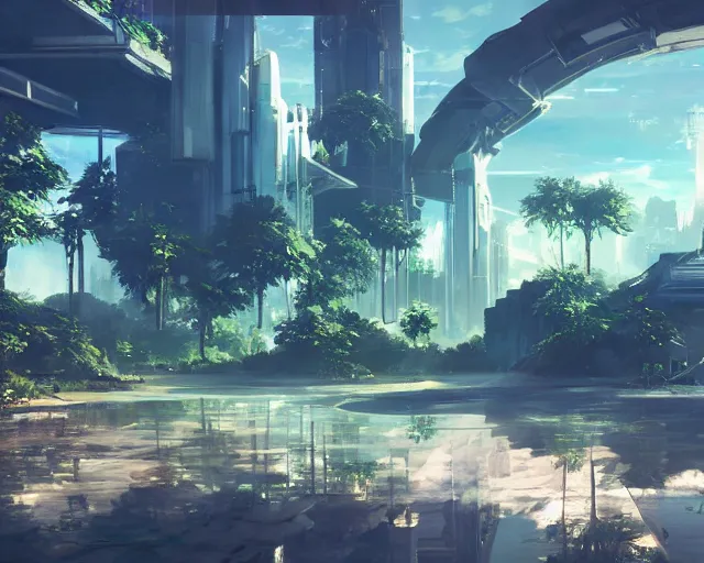 Image similar to scenery artwork, scene beautiful, light!! light essential futuristic city world and nature vegetation with daylight, surrealism oil on canvas, artstation!! pixiv!! dream scenery, quality astral projection render, nier automata concept art, vaporwave textures