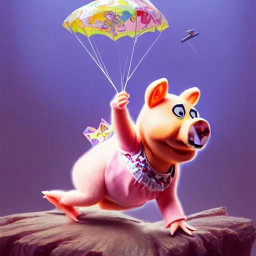 Prompt: cute miss piggy falling from plane, cute and cuddly, highly detailed, photorealistic, octane render, 8 k, unreal engine. art by artgerm and greg rutkowski and alphonse mucha