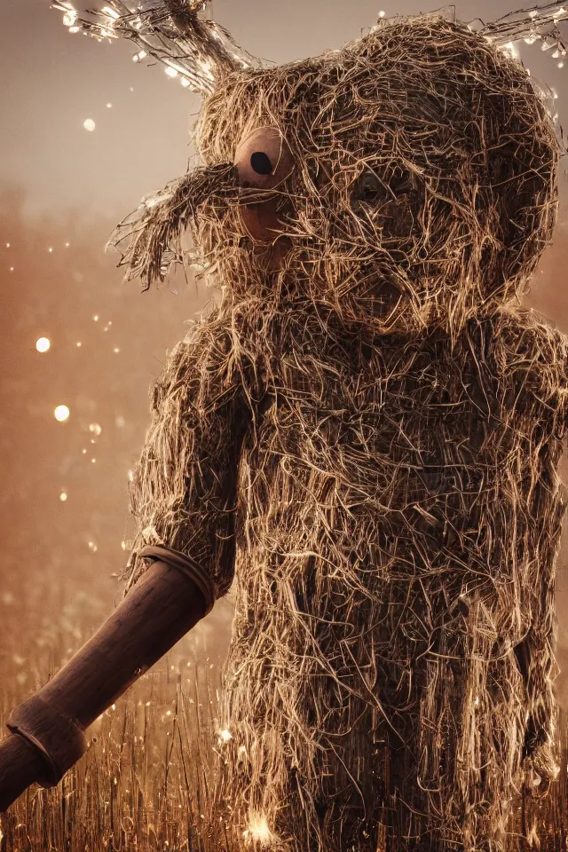 Prompt: beautiful close - up intimate portrait of a big wooden scarecrow, floating particles, sparks, made of wood, octane render, holding a very shiny metallic aluminium rustic axe, bokeh, soft focus, f 1. 8, unreal engine, particles, raytracing