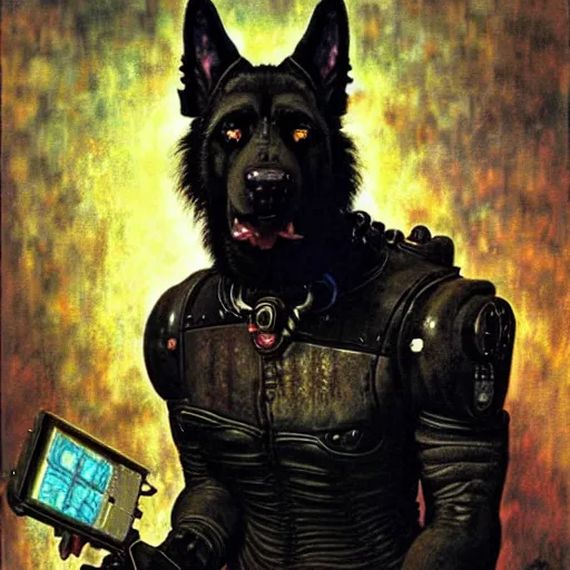 Image similar to a portrait of a black german shepard orc dogman canine neuromancer with human eyes serious looking holding computer console. shadowrun cyberpunk fantasy d & d fallout 1 9 9 8 highly detailed painting by gaston bussiere craig mullins jc leyendecker gustav klimt artgerm greg rutkowski