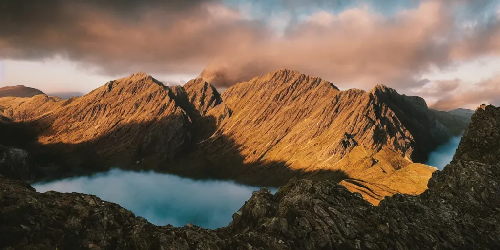 Image similar to Crib Goch!!!!!!!!!!! ridge, rays, epic, cinematic, photograph, atmospheric, dawn, golden hour, sunrise, sky, clouds, lake, arthouse cinema, Sofia Coppola, soft focus