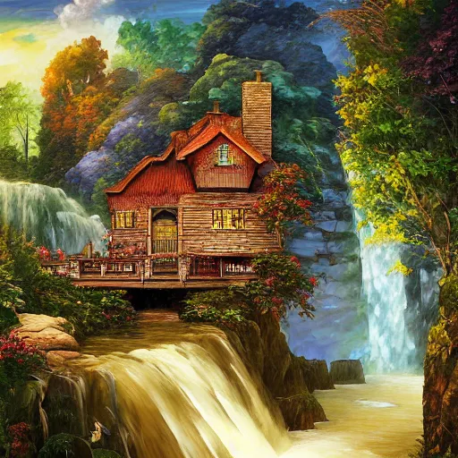 Image similar to cottage on waterfall cryengine render by android jones, james christensen, rob gonsalves, leonid afremov and tim white