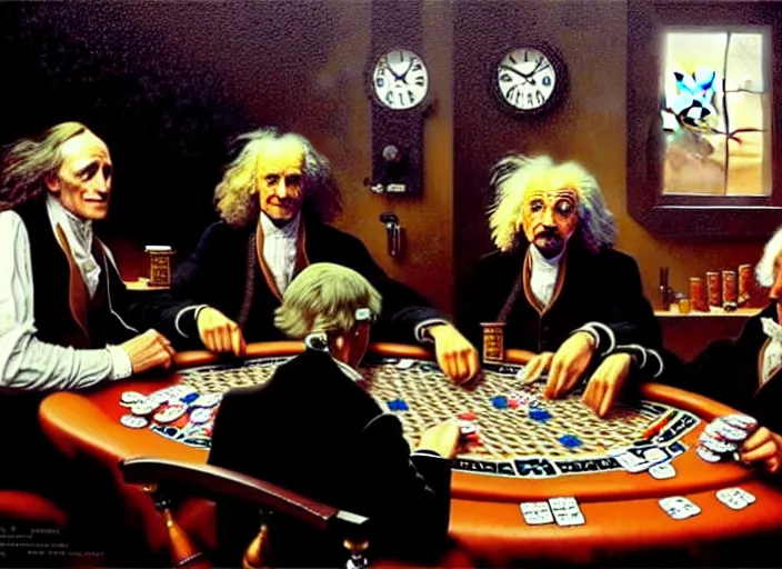 Image similar to isaac newton and stephen hawkins and albert einstein playing poker in an old west saloon, intricate, highly detailed, centered, digital painting, artstation, concept art, smooth, sharp focus, illustration, art by james gurney and norman rockwell and greg rutkowski