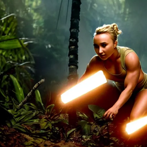 Image similar to cinematic scene with hayden panettiere as a commando in the jungle joining the ballte, action scene, dramatic, small details, volumetric lighting, ground mist, smoke, still frame