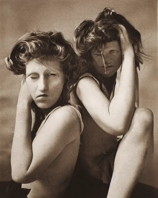 Prompt: two sisters in disheveled luxury, instant photo, by dorothea tanning, taken in the 1 9 7 0 s, atmosphere is eerie, dreamy, beautiful