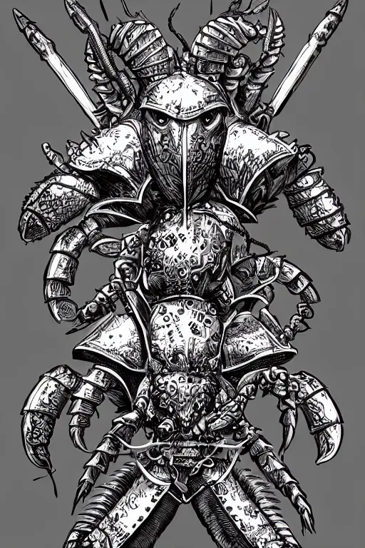 Image similar to human warrior, lobster themed armour, hermit crab, symmetrical, highly detailed, digital art, needles, sharp focus, trending on art station, kentaro miura manga art style