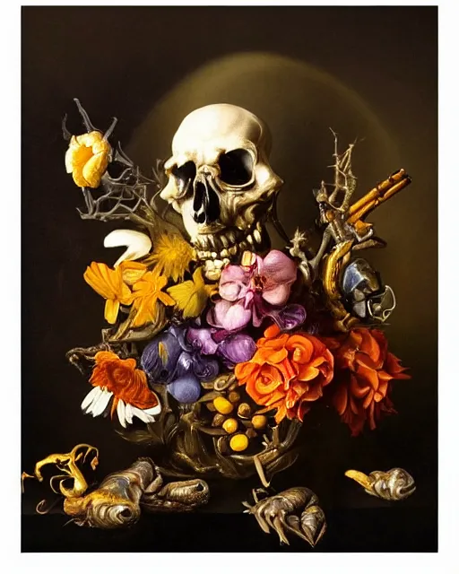 Image similar to refined gorgeous blended oil painting with black background by christian rex van minnen rachel ruysch dali todd schorr of a chiaroscuro portrait of an extremely bizarre disturbing mutated man made of still life flowers and rubber insects with shiny skin acne dutch golden age vanitas intense chiaroscuro cast shadows obscuring features dramatic lighting perfect symmetry perfect composition masterpiece