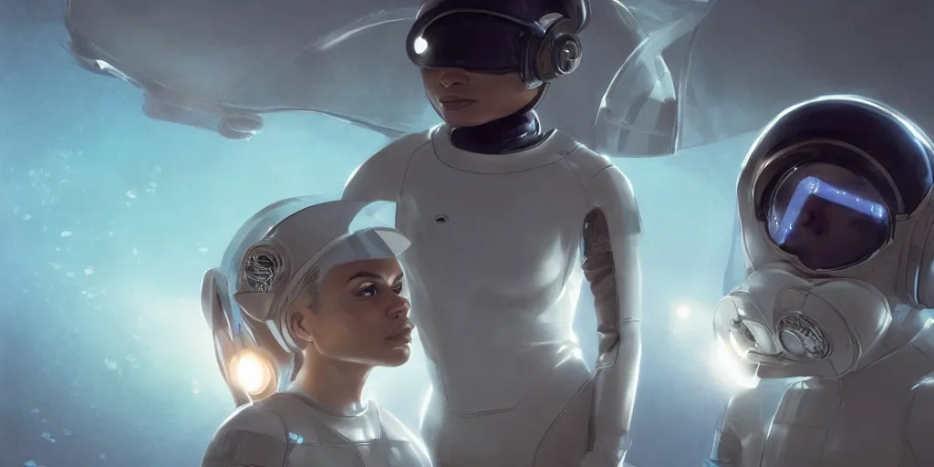 Image similar to one Zoe Kravitz with short hair as a futuristic astronaut, helmet with led lights, alone , underwater in the ocean at night, clear water, volumetric lighting, glowing lights, 4k, octane, digital painting, artstation, concept art, sharp focus, illustration, art by artgerm and greg rutkowski and alphonse mucha , wide angle view,