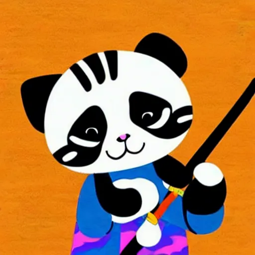 Image similar to kids drawning of a cute kitten with panda body and cat face, in a kimono, holds a sword