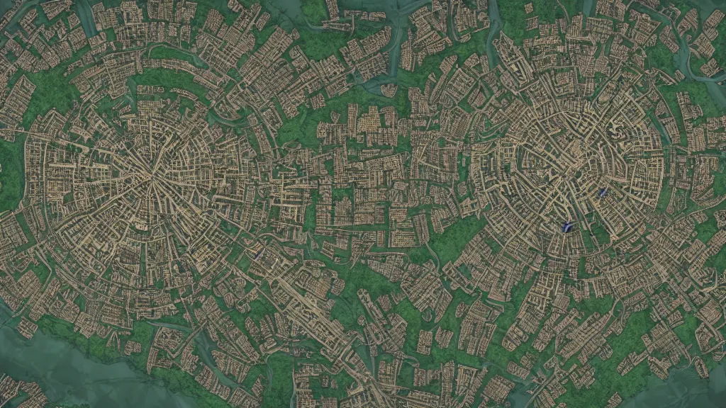 Image similar to a overhead map of a large holy city with a large tower in the center surrounded by rivers and a forest, trending on artstation