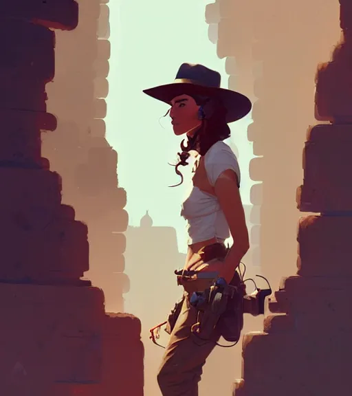 Prompt: portrait of a female indiana jones by atey ghailan, by greg rutkowski, by greg tocchini, by james gilleard, by joe fenton, by kaethe butcher, dynamic lighting, gradient light blue, brown, blonde cream and white color scheme, grunge aesthetic