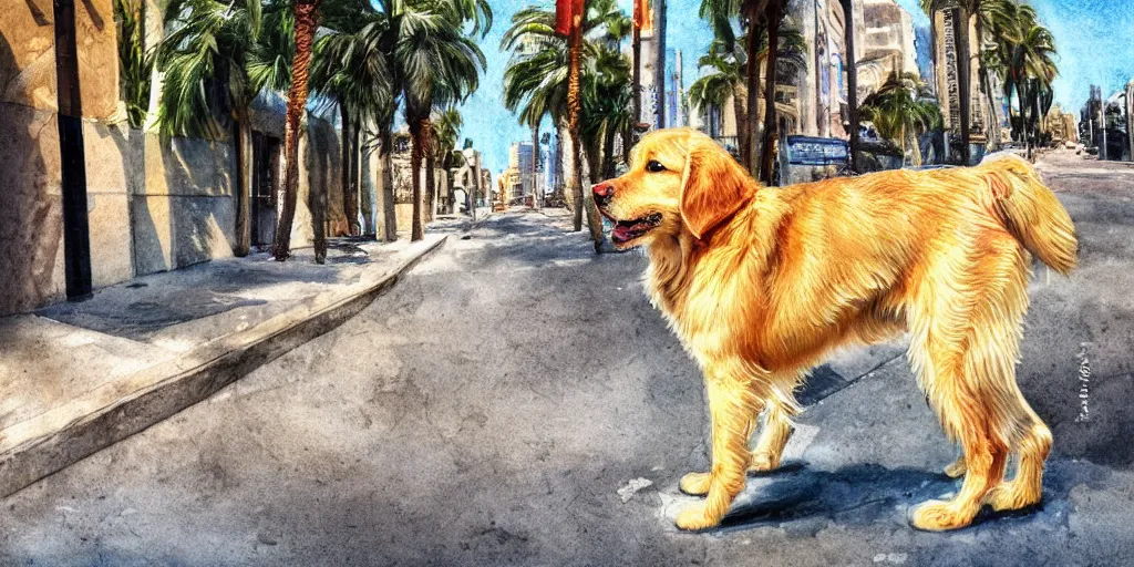 Image similar to photoreal golden retriever dog standing in tel aviv street looking at the camera. palm trees. optimistic. digital art. watercolor. highly detailed. drawing. art. colorful. fluffy