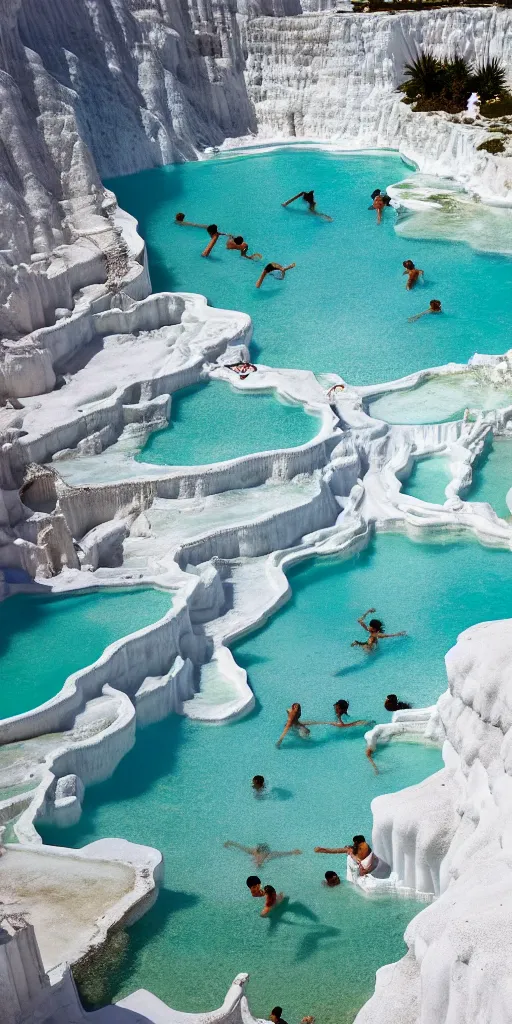 Prompt: downward view of diver plunging downward at Pamukkale, thermal waters flowing down white travertine terraces below, epic fantasy, crowd of people watching, Photorealistic, establishing shot, cinematic lighting, , dramatic lighting, atmospheric, realistic, octane render, highly detailed, color graded, matte painting in the style of craig mullins