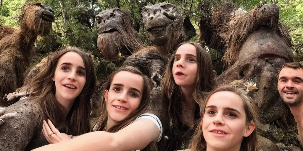 Image similar to photo, three hairy fat cave people, emma!! watson!!, looking at camera, surrounded by dinosaurs!, gigantic forest trees, sitting on rocks, bright moon, birthday cake on the ground, front close - up view of her face