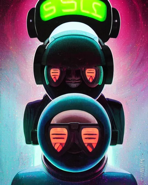 Image similar to silly sloth as future coder man looking on, sleek cyclops display over eyes and sleek bright headphoneset, neon accent lights, holographic colors, desaturated headshot portrait digital painting by dean cornwall, rhads, john berkey, tom whalen, alex grey, alphonse mucha, donoto giancola, astronaut cyberpunk electric