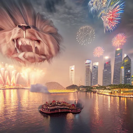 Image similar to Singapore city, Singapore Esplanade, Singapore Marina Bay, with a very very very very very lion-shaped cloud in the sky and fireworks in the sky, by greg rutkowski, red and white lighting, digital art, ultra realistic, ultra detailed, photorealistic, 4k, character concept