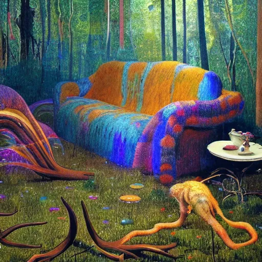 Image similar to psychedelic couch sofa in the lush pine forest, milky way, moose antlers, designed by arnold bocklin, jules bastien - lepage, tarsila do amaral, wayne barlowe and gustave baumann, cheval michael, trending on artstation, star, sharp focus, colorful refracted sparkles and lines, soft light, 8 k 4 k