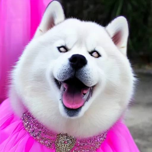 Image similar to fat siberian husky dog princess in pink gown with a goofy expression, medieval painting