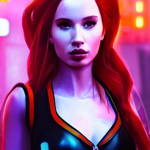 Prompt: madelaine petsch portrait, cyberpunk 2 0 7 7, cyberpunk judy alvarez, photorealistic, ultra detailed, neon, octane, bokeh, cinematic lighting, cyber, cyberpunk city, studio quality, feature, scars, cyberface, 8 k