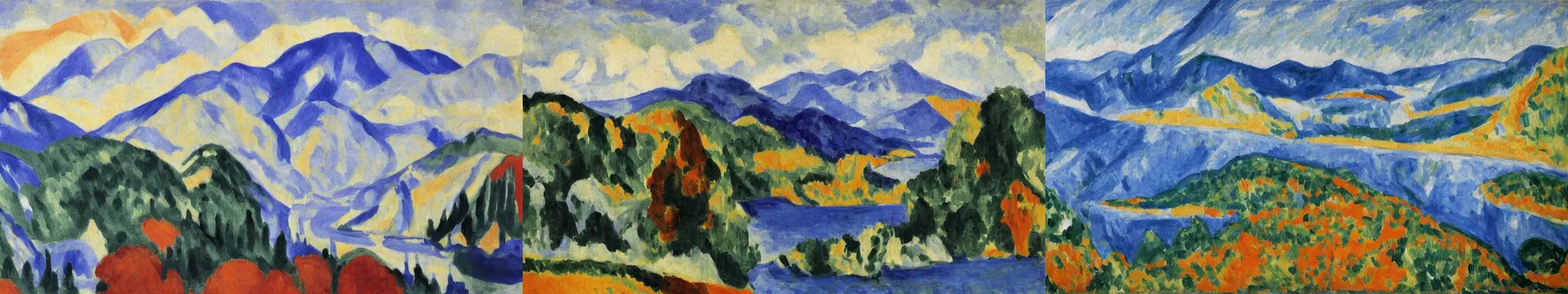 Prompt: lakeside mountains, by robert delaunay