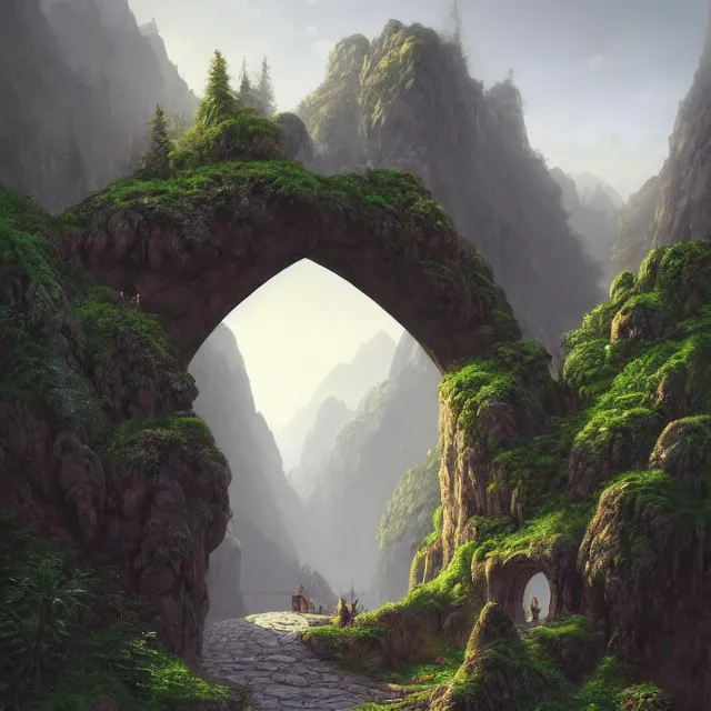 Prompt: a beautiful hyper realistic detailed matte painting of a perfect stone archway over a pathway through a dense colorful forest, dramatic mountains in background, dramatic lighting, dynamic lighting, cinematic lighting, lit by morning light, by raphael lacoste and john howe and andreas rocha, unreal engine, featured on artstation, ultrawide angle, f 8, polarizer filter