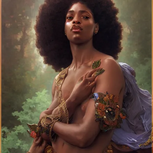 Image similar to portrait of afro goddess, intricate, elegant, highly detailed, digital painting, artstation, concept art, smooth, sharp focus, illustration, art by artgerm and greg rutkowski and alphonse mucha and william - adolphe bouguereau