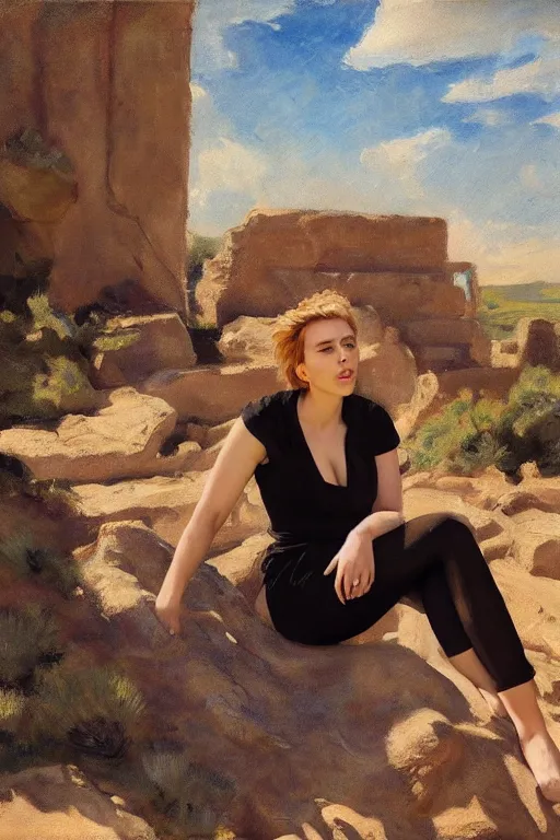 Image similar to portrait of scarlett johansson sitting with full face full figure on a rock near some ruins, in the style of expressionism, soft light, volumetric light, subsurface scattering, translucent skin, john singer sargent