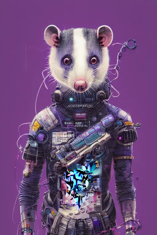 Image similar to a beautiful portrait of a cute cyberpunk opossum by sandra chevrier and greg rutkowski and wlop, purple blue color scheme, high key lighting, volumetric light, digital art, highly detailed, fine detail, intricate, ornate, complex, octane render, unreal engine, photorealistic