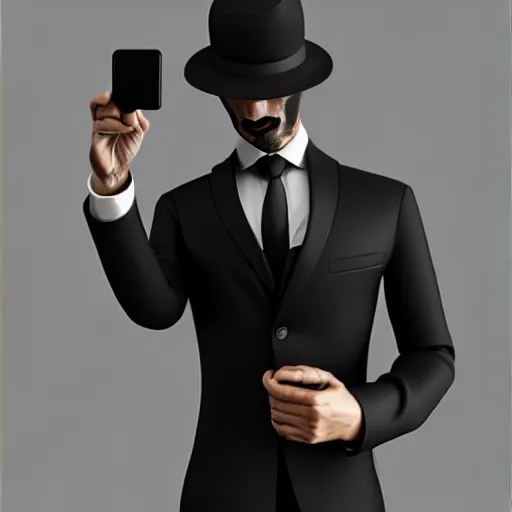 Image similar to a man in a black suit, holding a very advance phone, stylized, artstation, hd, cgsociety, cgi, realistic, dramatic, cinematic, artistic, trending, detailed