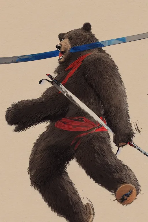 Image similar to key anime visuals rendering of a bear dressed as a ninja fighting with a katana. colorful design. higly detailed, intricate, greg rutkowski, directed by makoto shinkai, anime manga style, trending on art station.