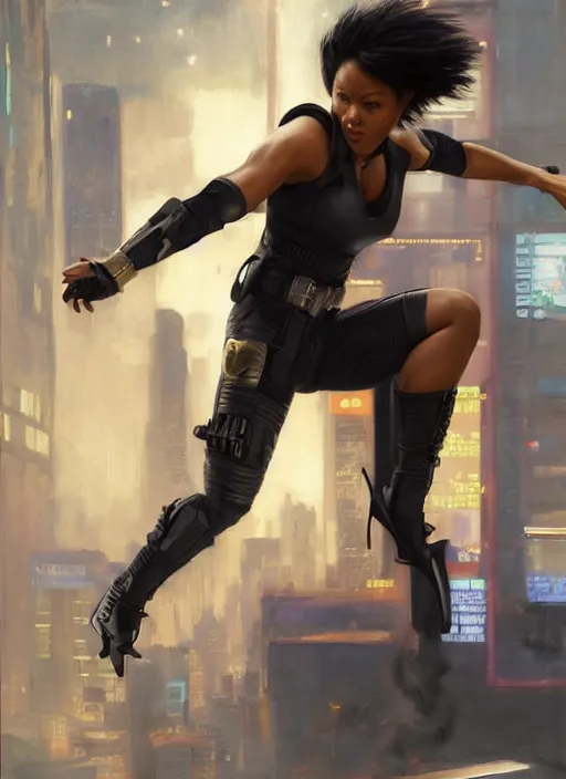 Image similar to black chun li doing high kick. cyberpunk police trooper in a military vest ( blade runner 2 0 4 9, cyberpunk 2 0 7 7 ). orientalist portrait by john william waterhouse and james gurney and theodore ralli and nasreddine dinet, oil on canvas. cinematic, hyper realism, realistic proportions, dramatic lighting, high detail 4 k