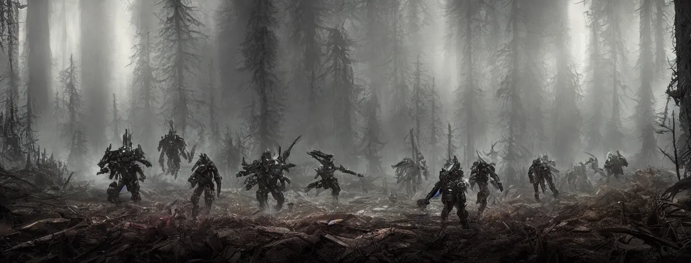 Prompt: image of deep forest with terrific and creepy mechwarriors with volumetric lights, running and hunting people, post - apocalyptic style, high detail, dramatic moment, motion blur, ground fog, dark atmosphere, saturated colors, by james paick, render unreal engine - h 7 0 4