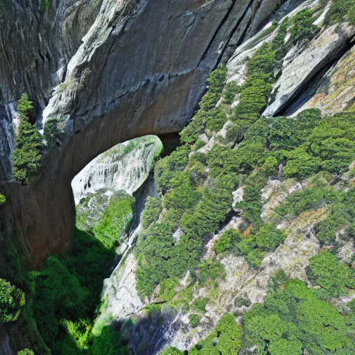 Prompt: vast interior chamber of a large, natural gorge, sunlight visible from above